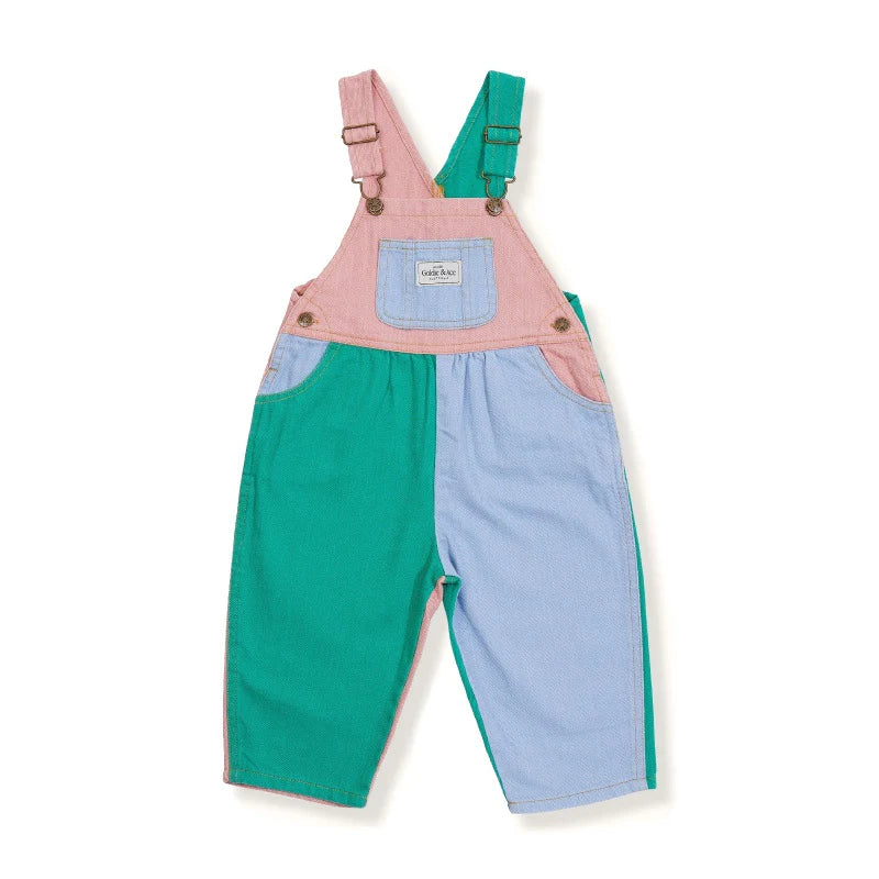 Austin Colour Block Vintage Denim Overalls - Pink Green - Size 3/4