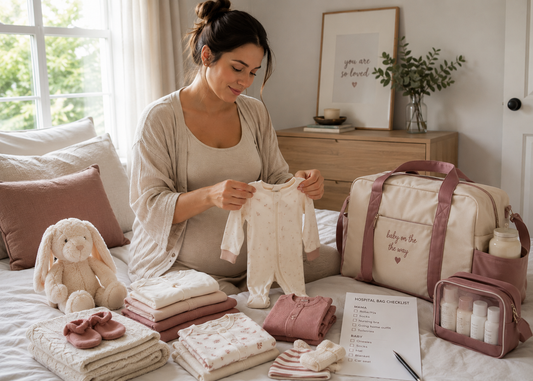 Expectant mother organising baby clothes while preparing for hospital bag packing