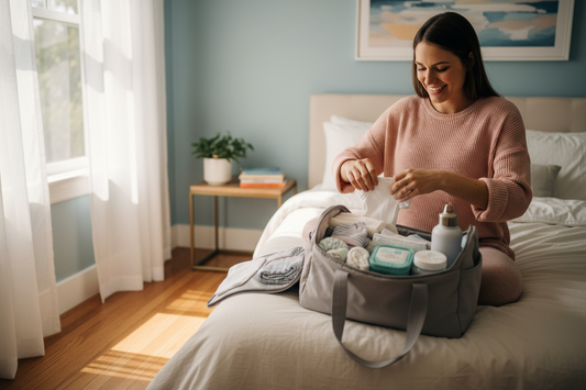 smiling pregnant woman preparing her hospital bag